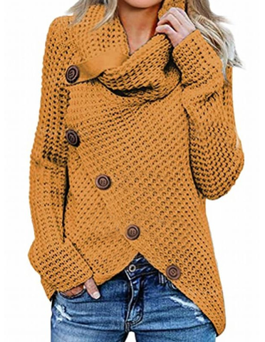 Women's Cowl Neck Button Detail Asymmetric Hem Jumper