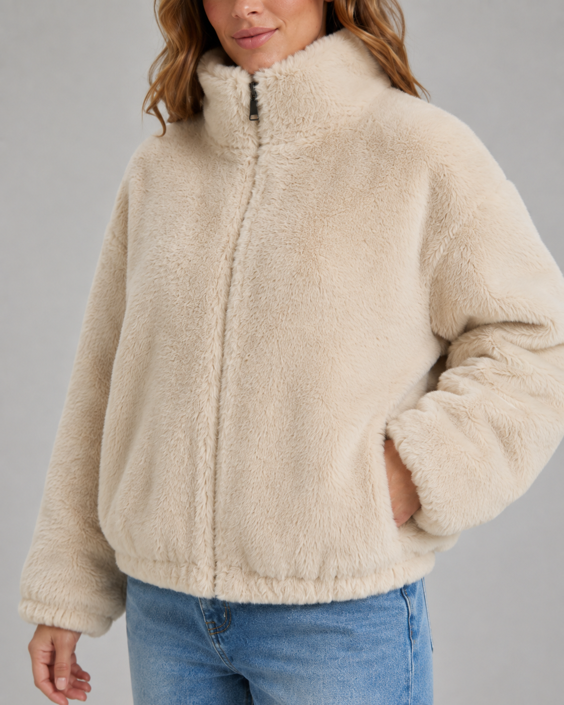 Kacob | Women's Cropped Teddy Zip Jacket