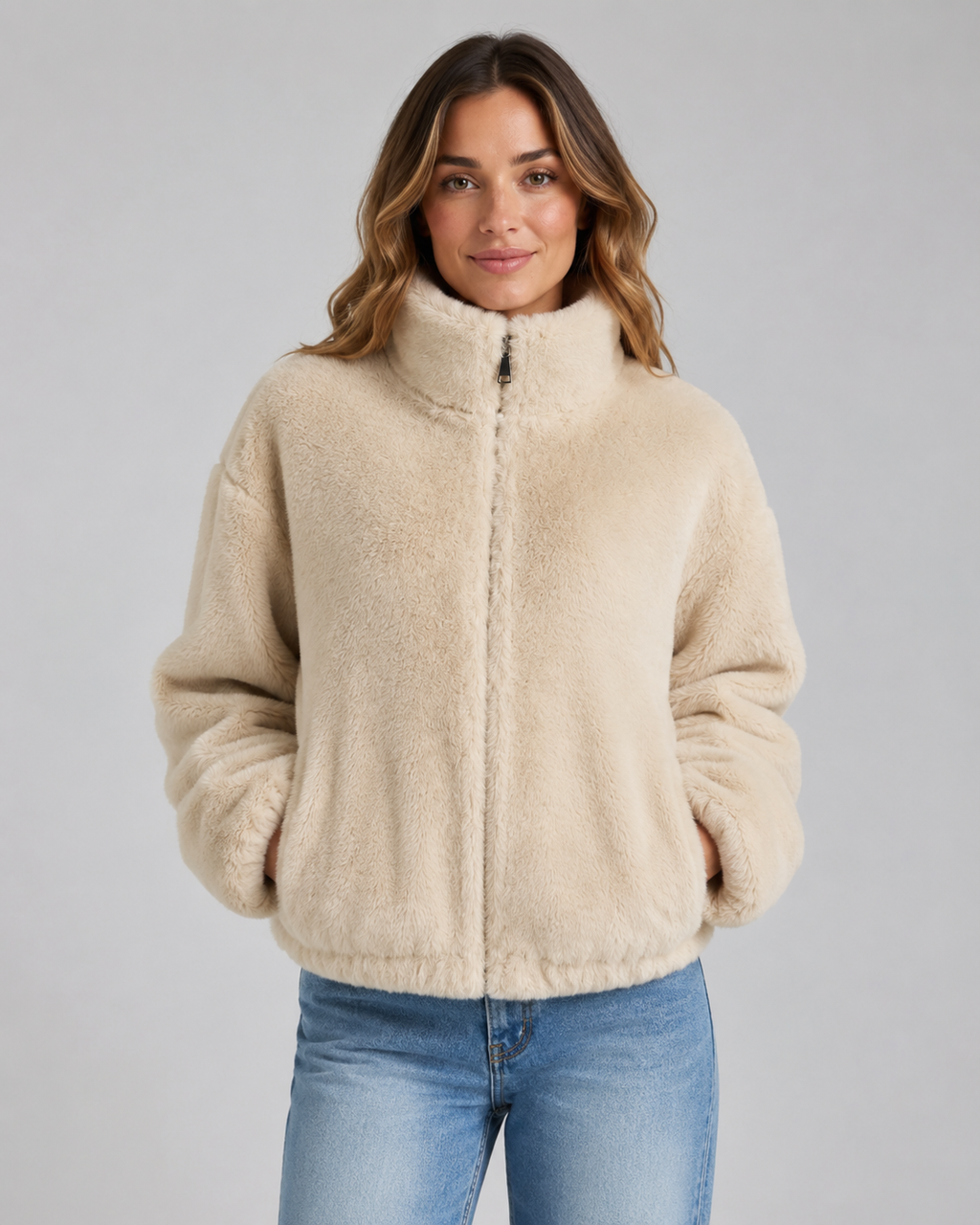 Kacob | Women's Cropped Teddy Zip Jacket