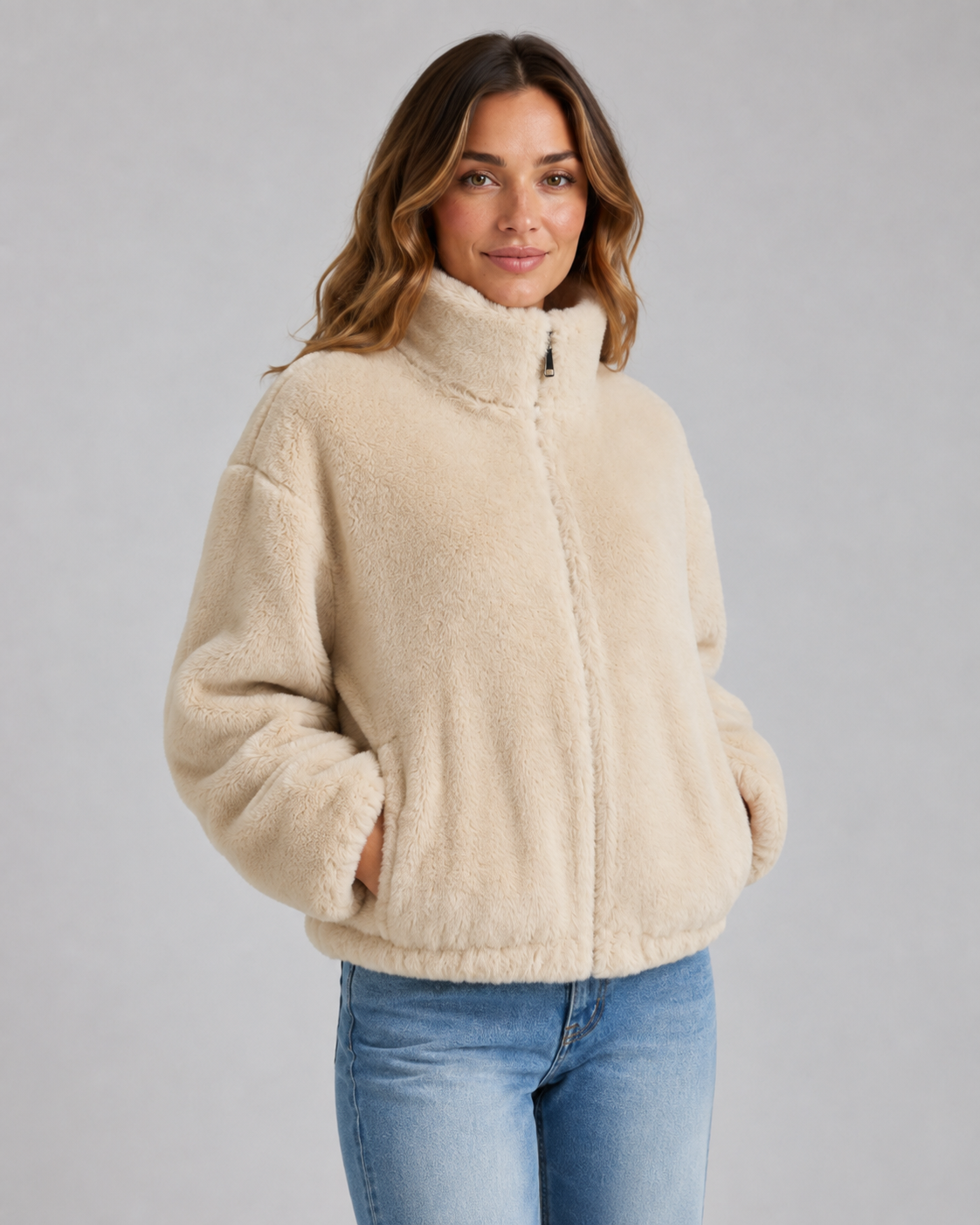 Kacob | Women's Cropped Teddy Zip Jacket