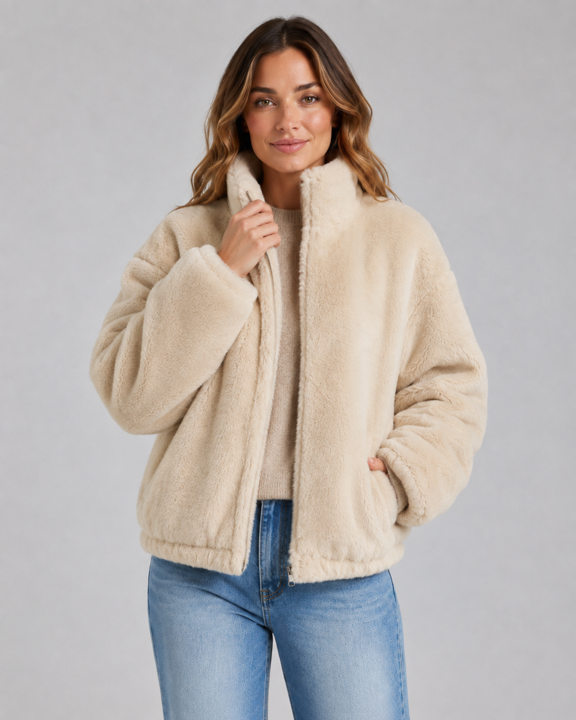 Kacob | Women's Cropped Teddy Zip Jacket