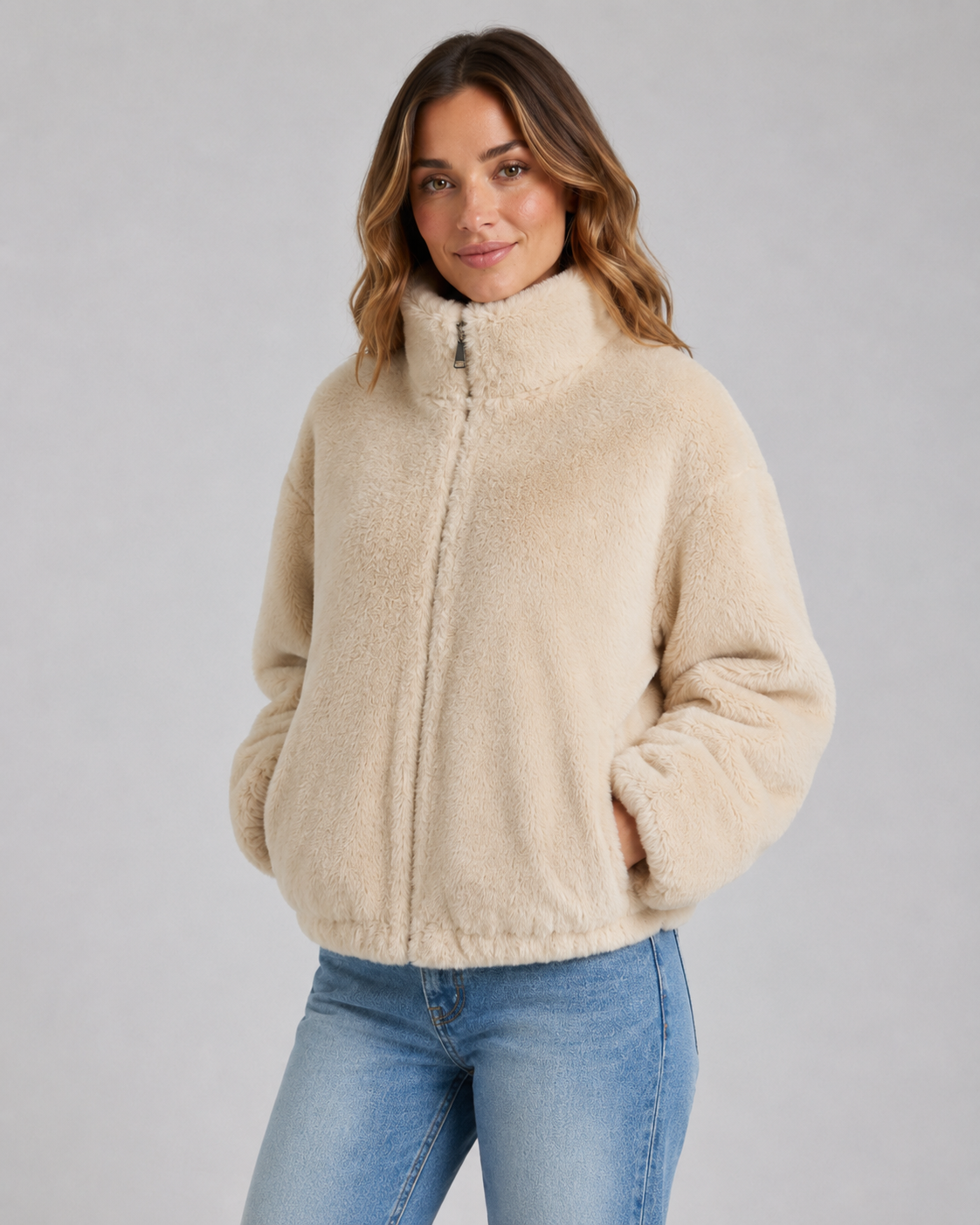 Kacob | Women's Cropped Teddy Zip Jacket