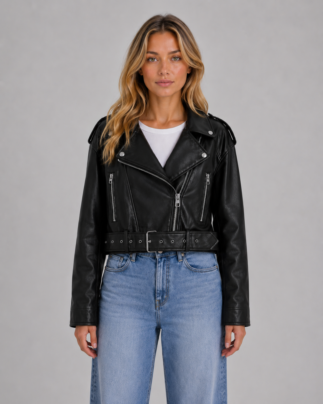 Kacob | Women's Faux Leather Belted Relaxed Biker Jacket
