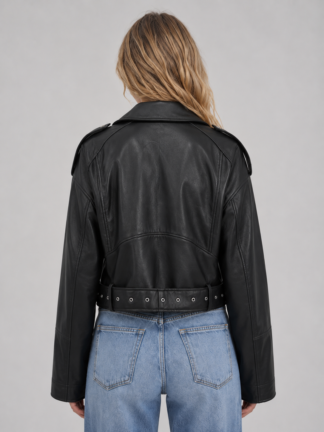 Kacob | Women's Faux Leather Belted Relaxed Biker Jacket