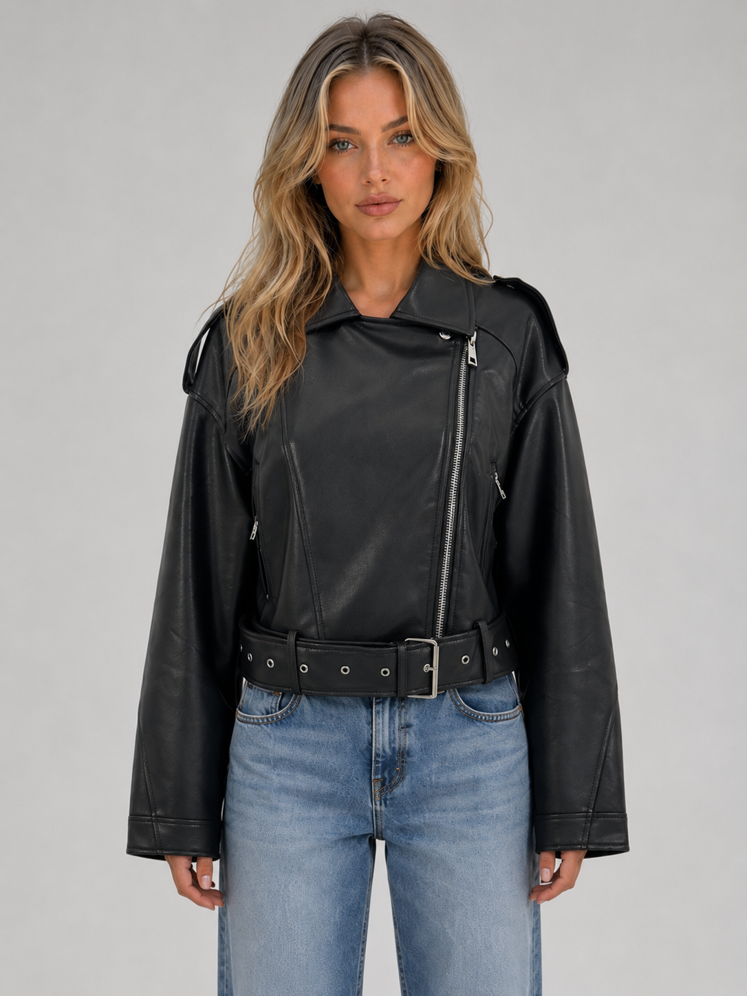 Kacob | Women's Faux Leather Belted Relaxed Biker Jacket