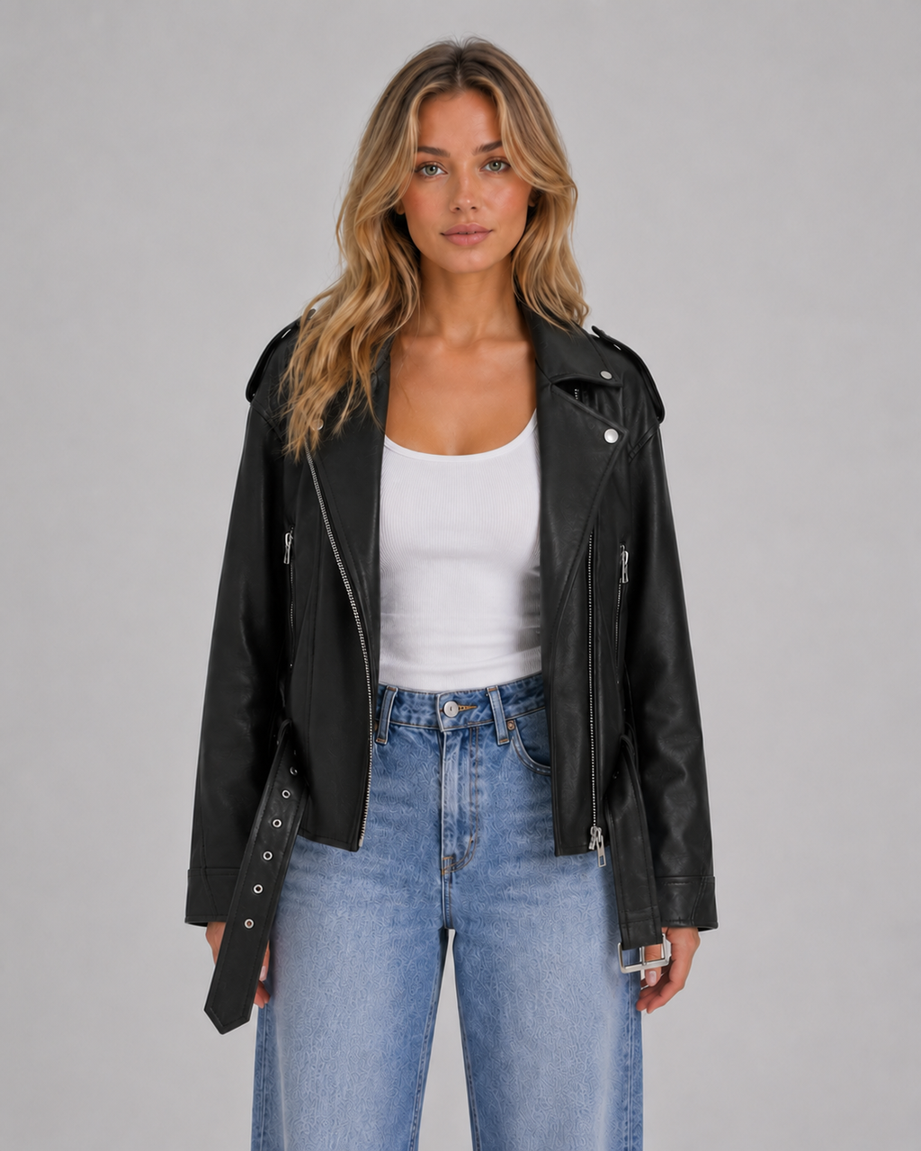 Kacob | Women's Faux Leather Belted Relaxed Biker Jacket