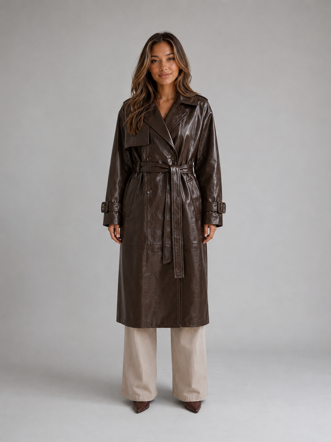 Kacob | Women's Faux Leather Long Double Breasted Trench Coat