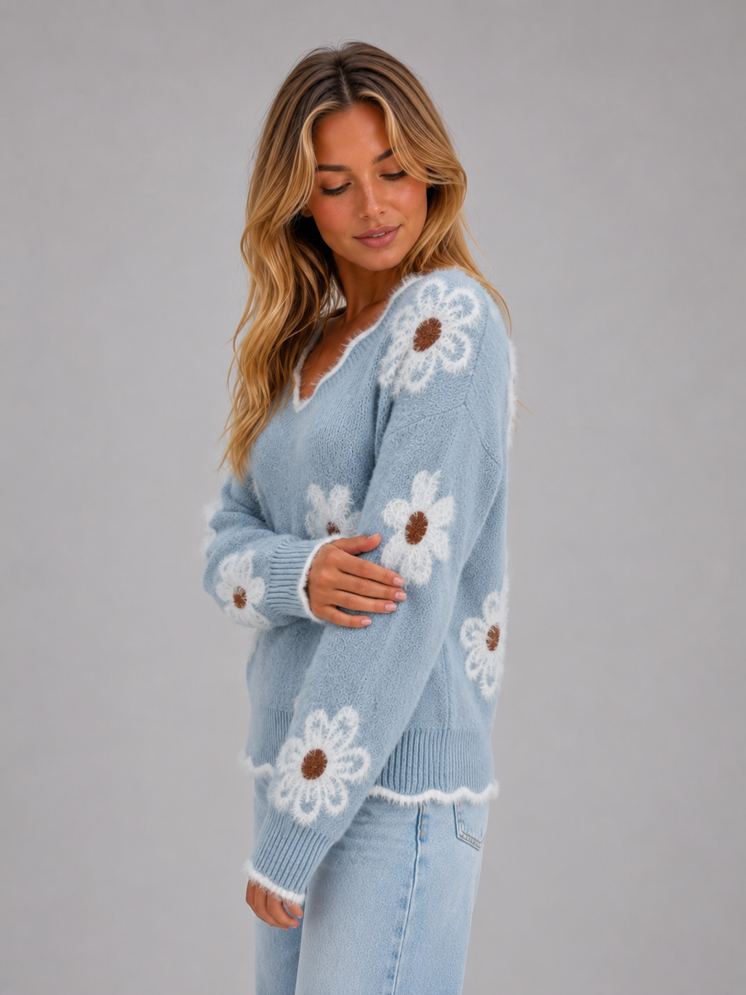 Kacob | Women's Floral V-Neck Knitted Jumper