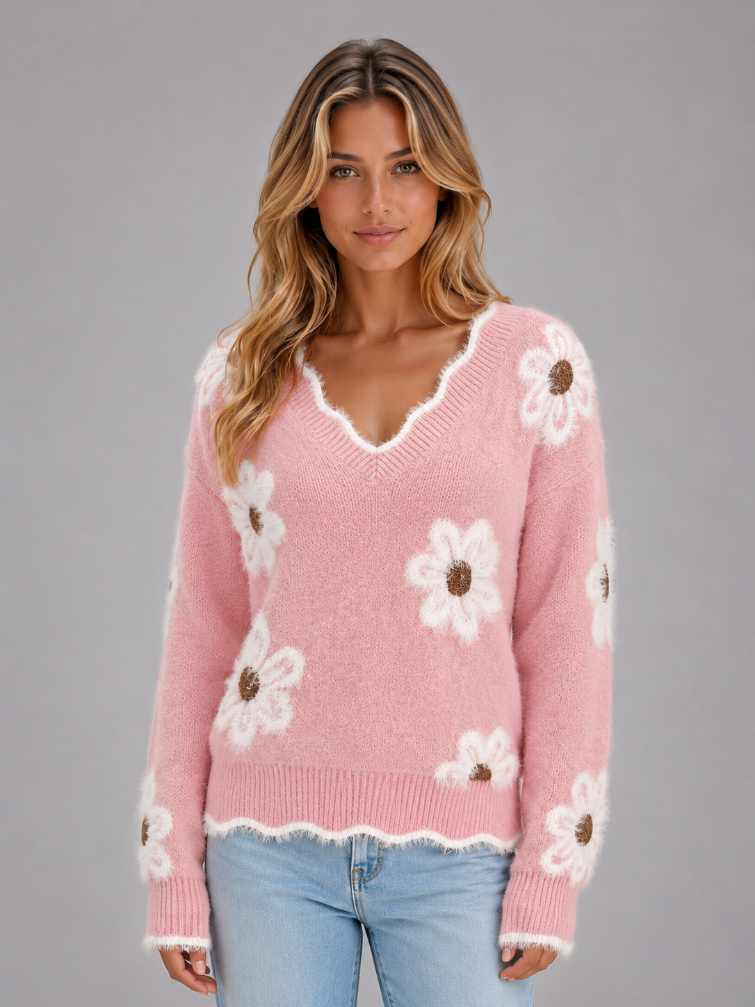Kacob | Women's Floral V-Neck Knitted Jumper