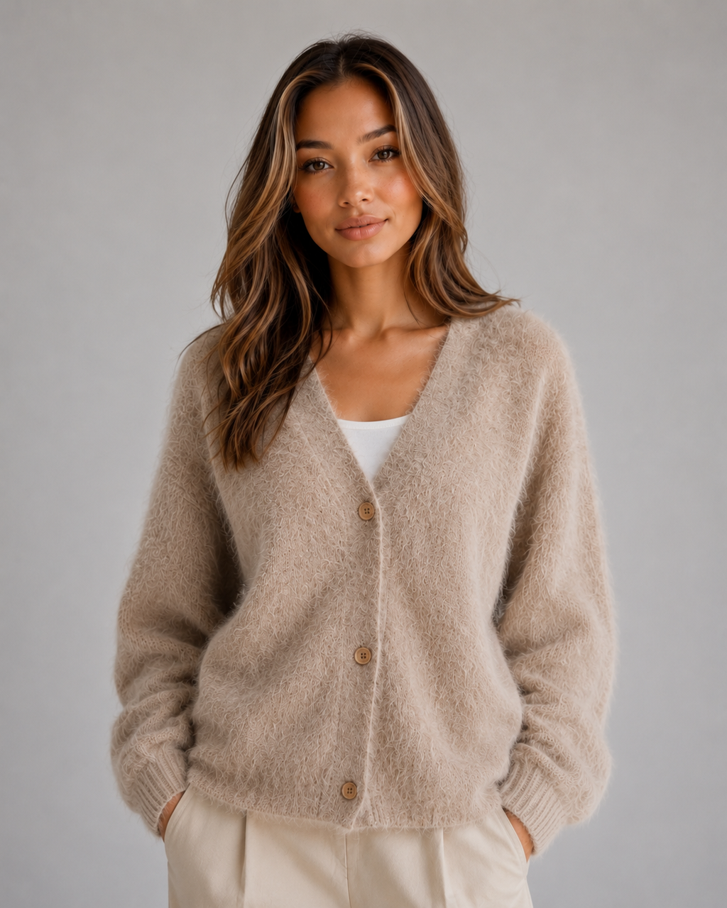 Kacob | Women's Fluffy Knit Button Front V-Neck Cardigan