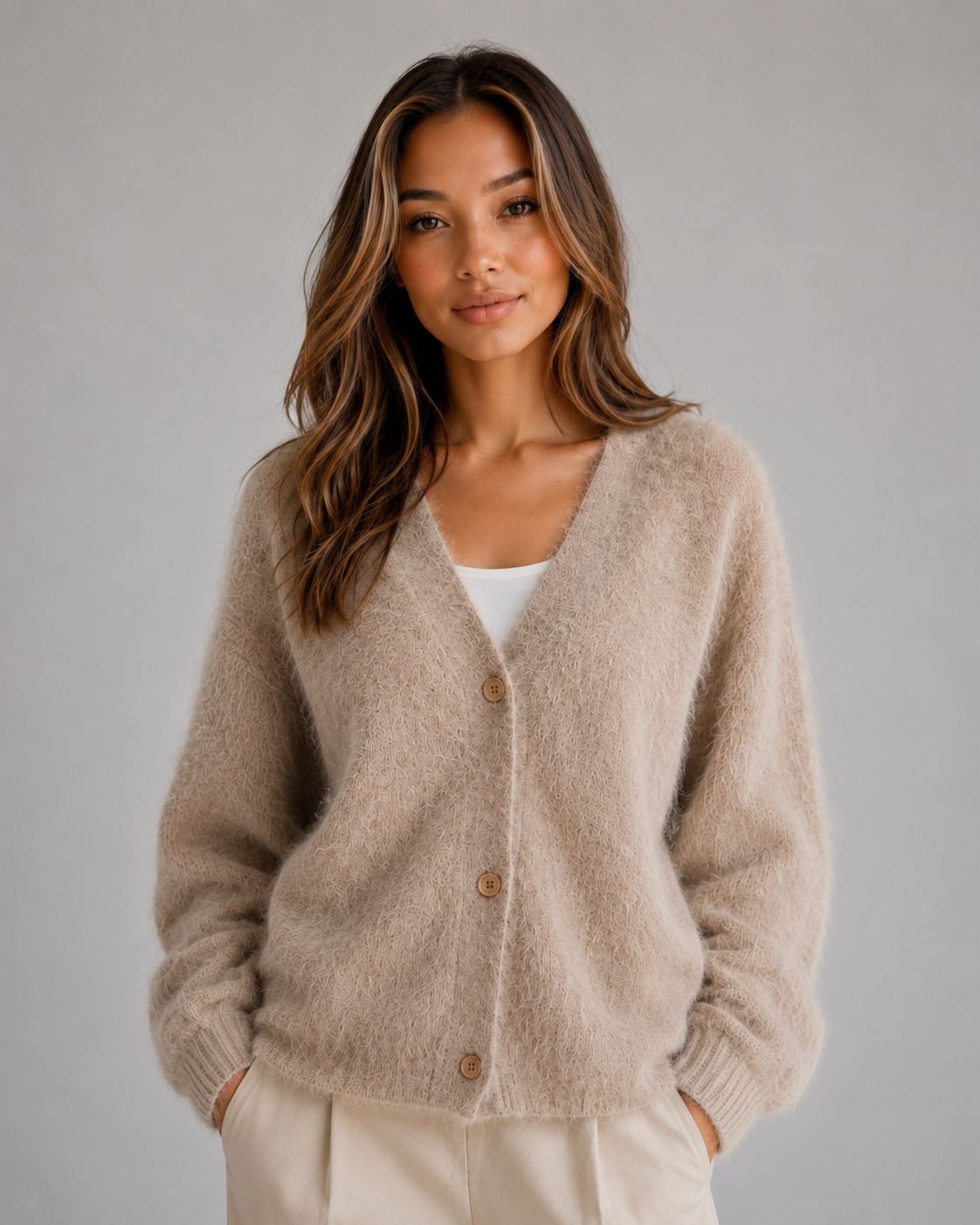 Kacob | Women's Fluffy Knit Button Front V-Neck Cardigan