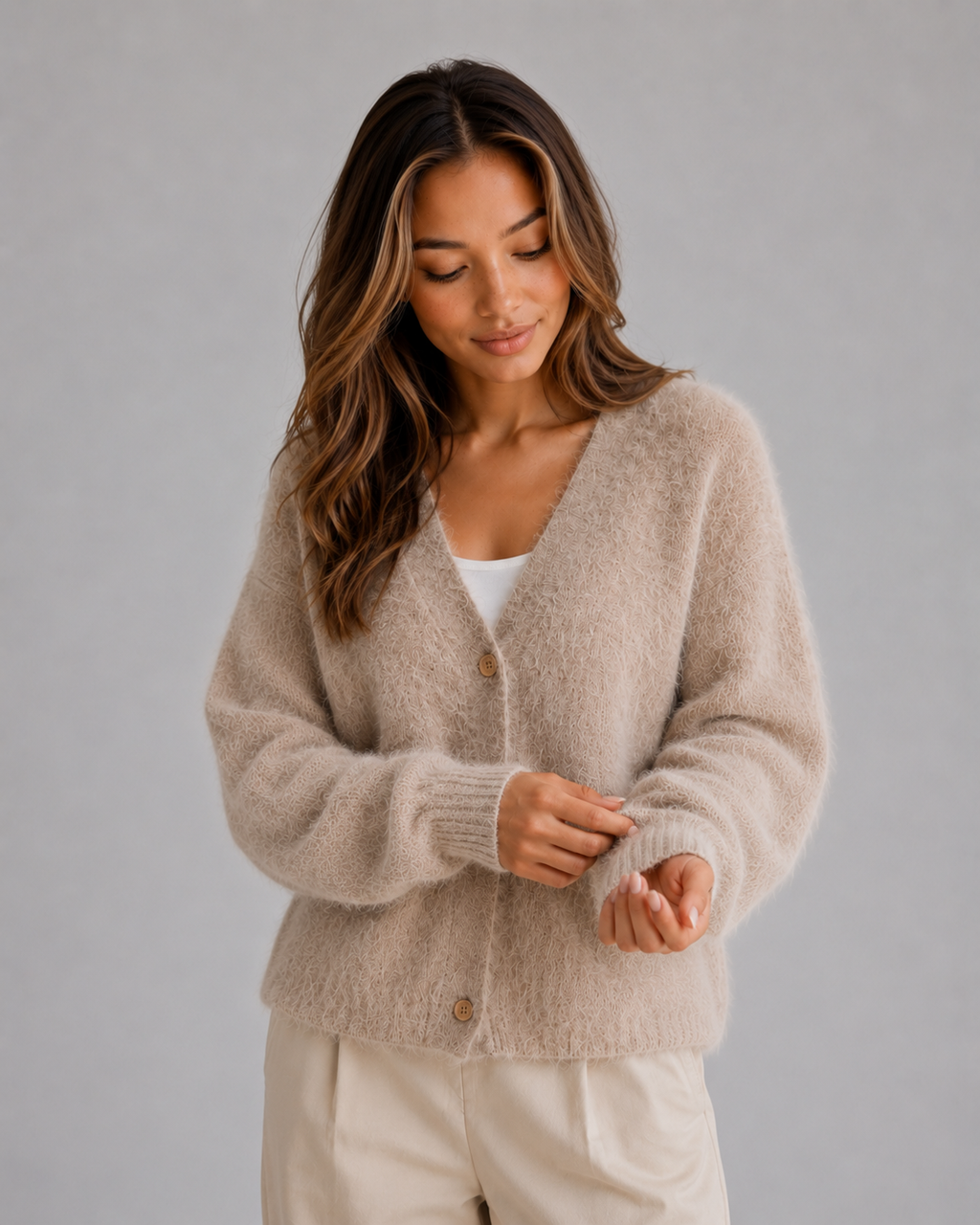 Kacob | Women's Fluffy Knit Button Front V-Neck Cardigan
