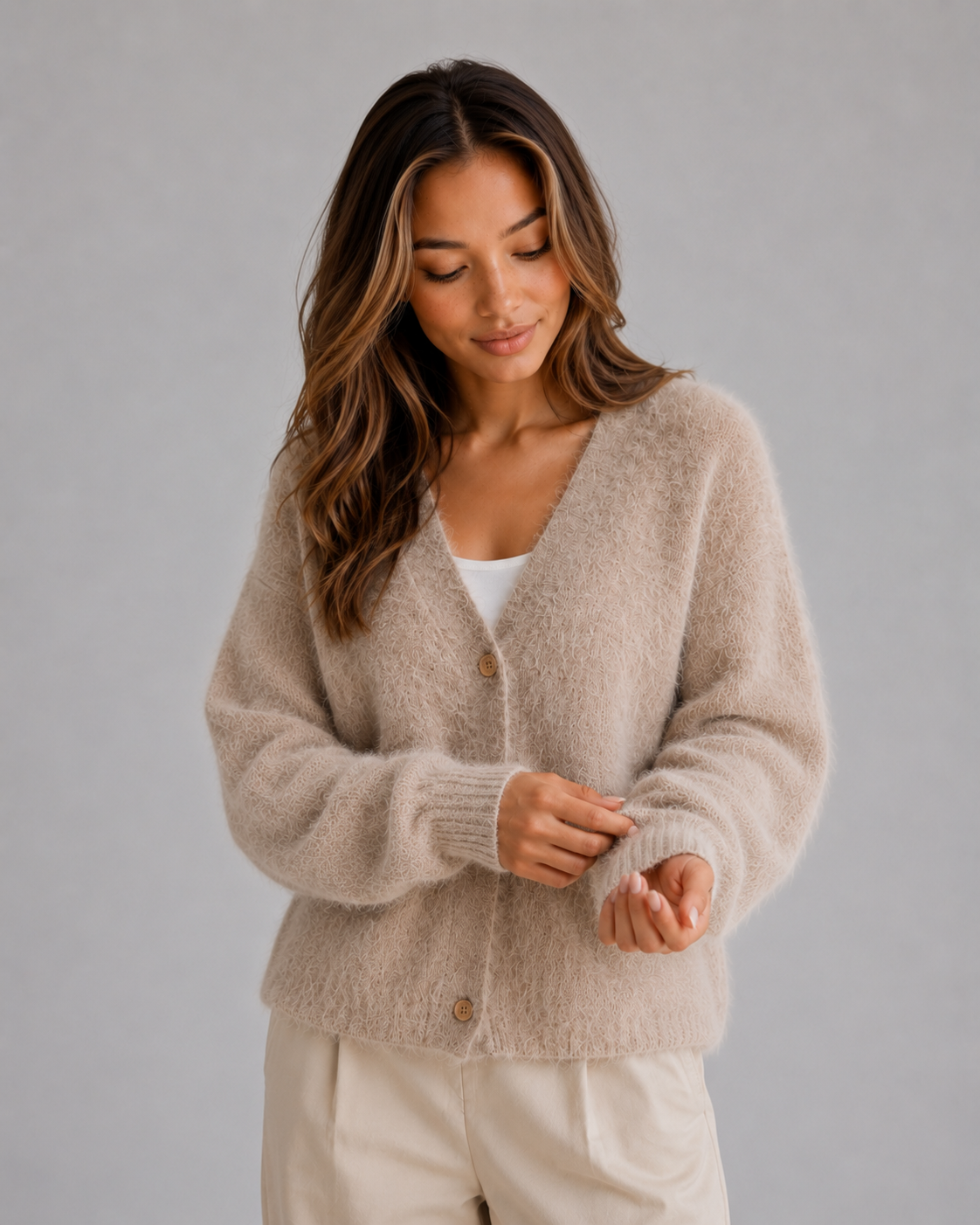 Kacob | Women's Fluffy Knit Button Front V-Neck Cardigan