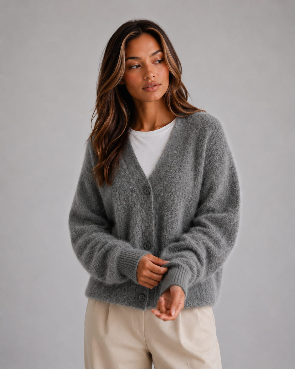 Kacob | Women's Fluffy Knit Button Front V-Neck Cardigan