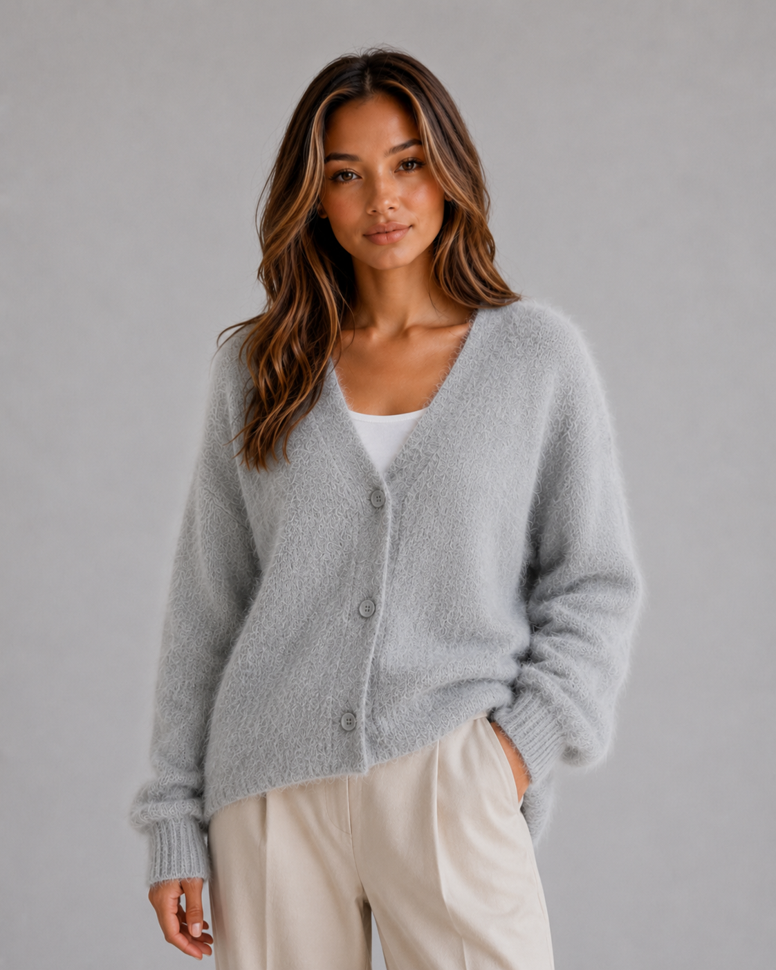 Kacob | Women's Fluffy Knit Button Front V-Neck Cardigan