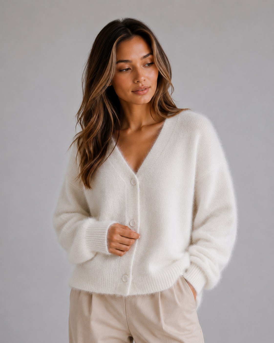 Kacob | Women's Fluffy Knit Button Front V-Neck Cardigan