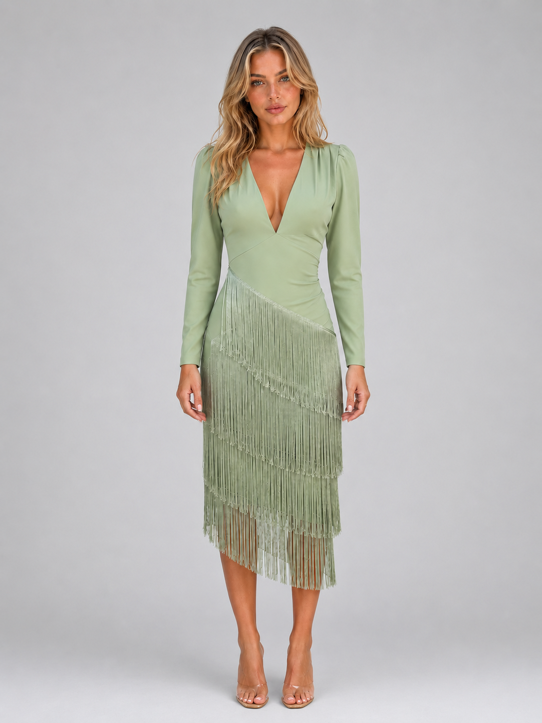 Kacob | Women's Fringe Long Sleeve Occasion Midi Dress