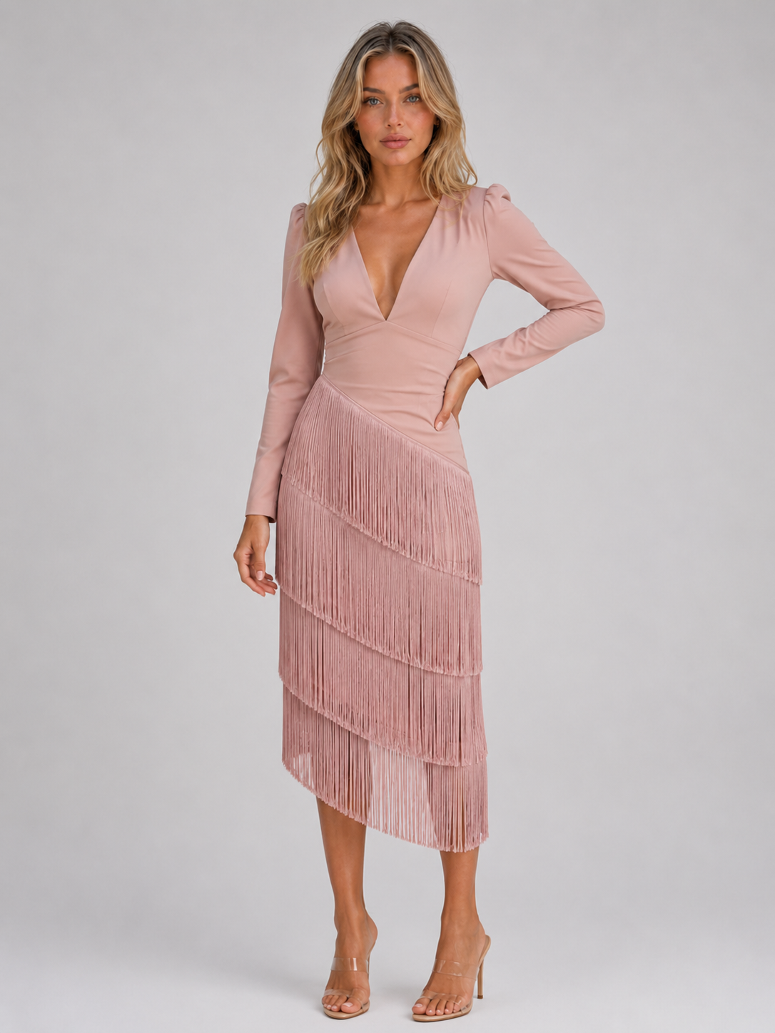Kacob | Women's Fringe Long Sleeve Occasion Midi Dress