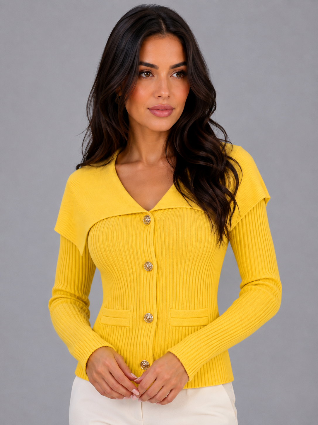 Kacob | Women's Gold Button Cape Collar Ribbed Knit Cardigan