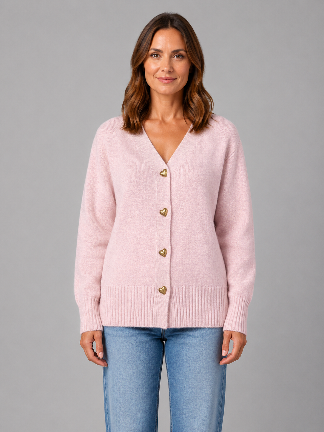 Kacob | Women's Heart Button V-Neck Knit Cardigan