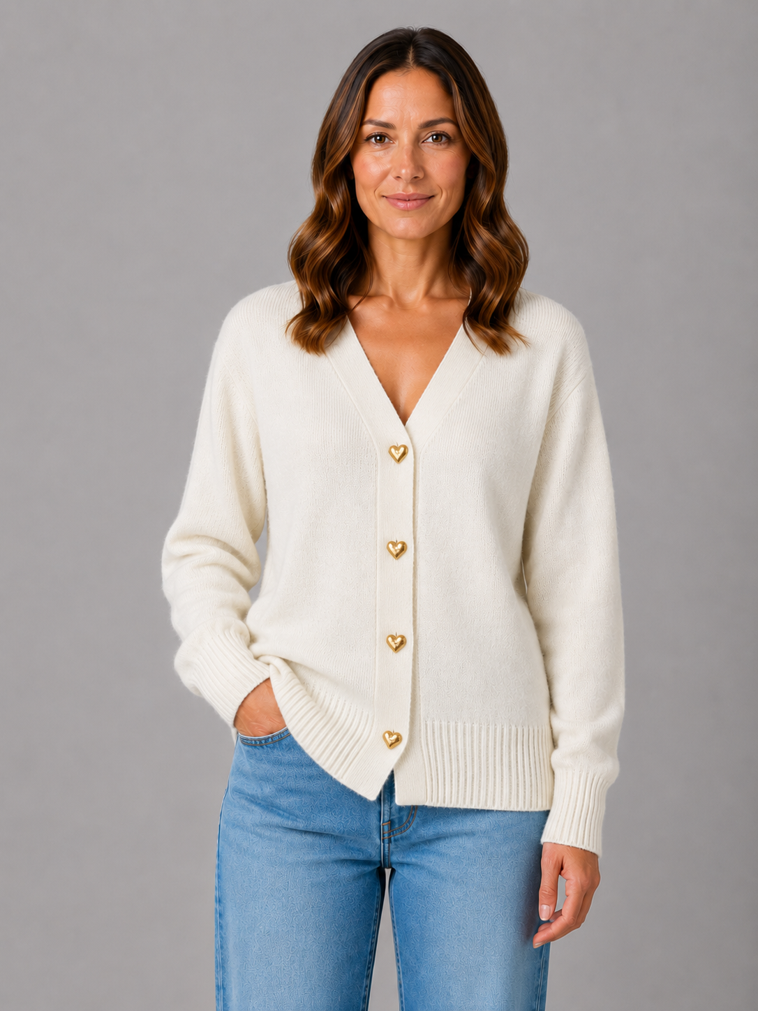 Kacob | Women's Heart Button V-Neck Knit Cardigan