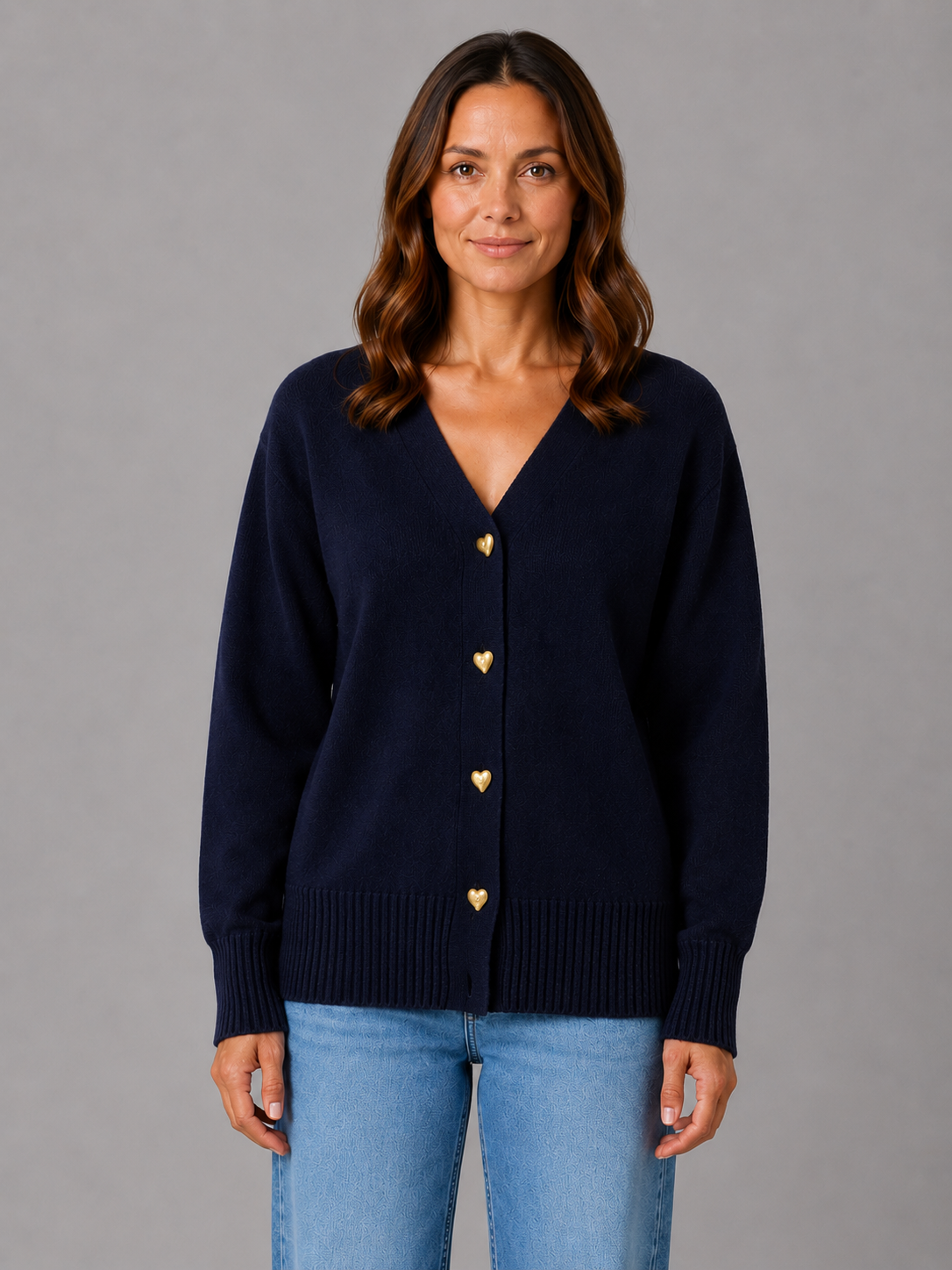 Kacob | Women's Heart Button V-Neck Knit Cardigan