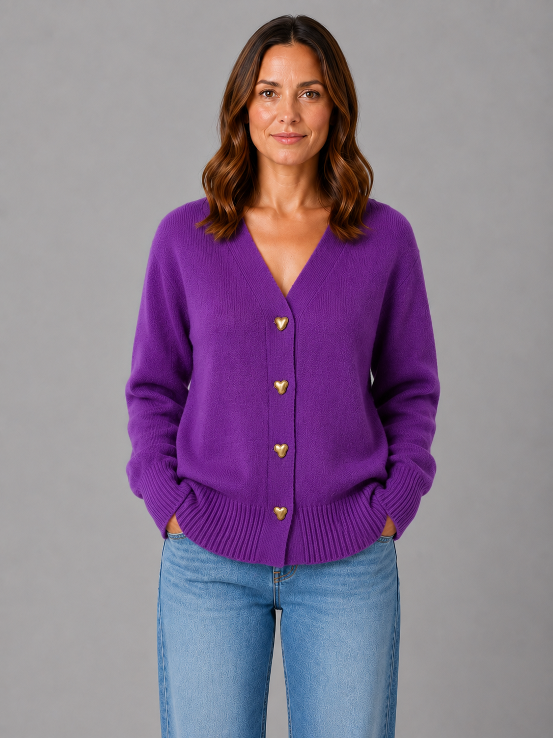 Kacob | Women's Heart Button V-Neck Knit Cardigan