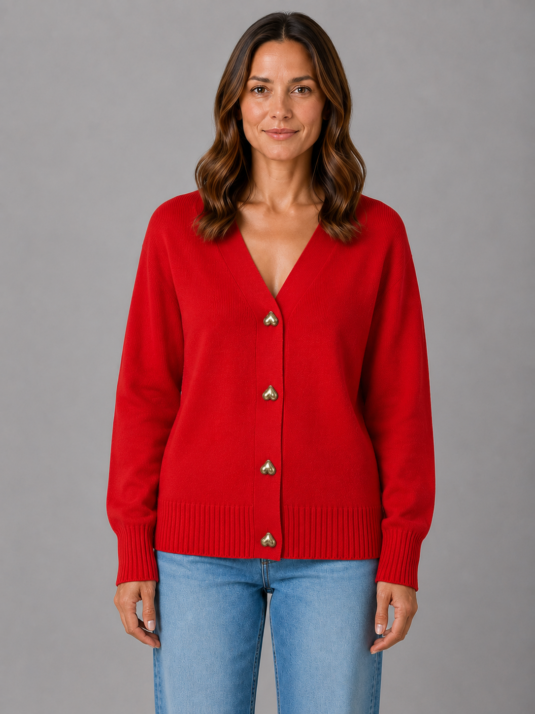 Kacob | Women's Heart Button V-Neck Knit Cardigan
