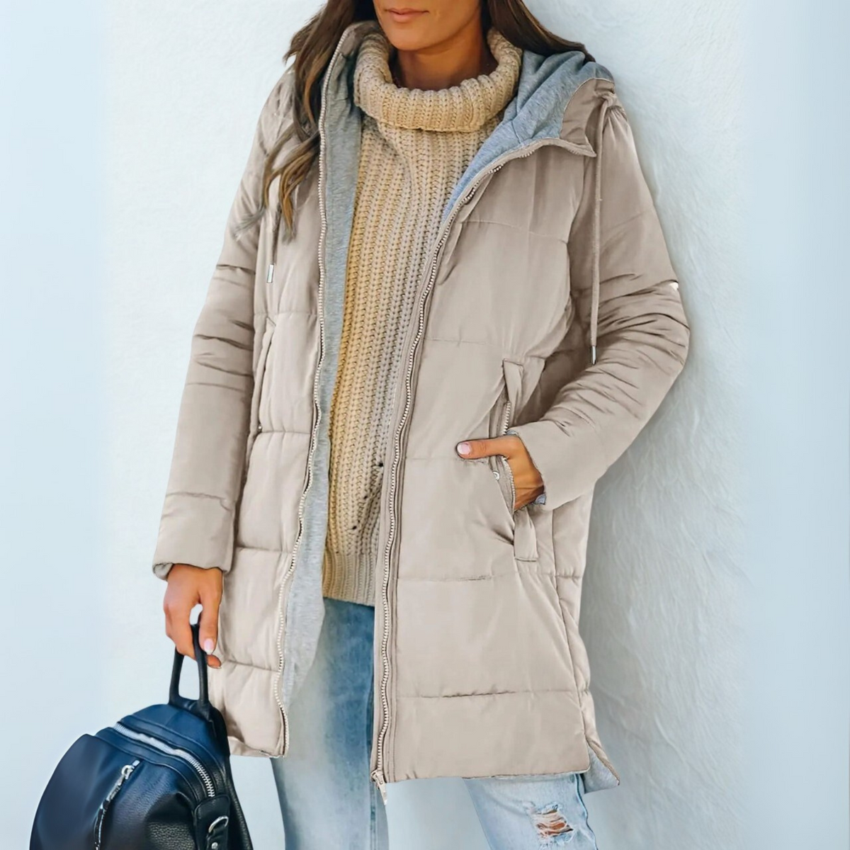 Women's Jersey Lined Hooded Drawstring Puffer Jacket