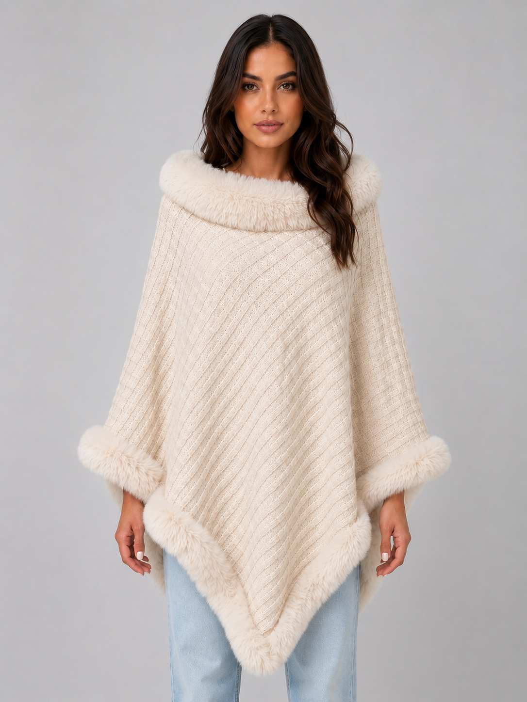 Kacob | Women's Knitted Faux Fur Trim Cape Poncho