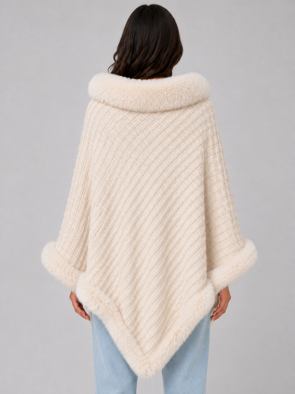 Kacob | Women's Knitted Faux Fur Trim Cape Poncho