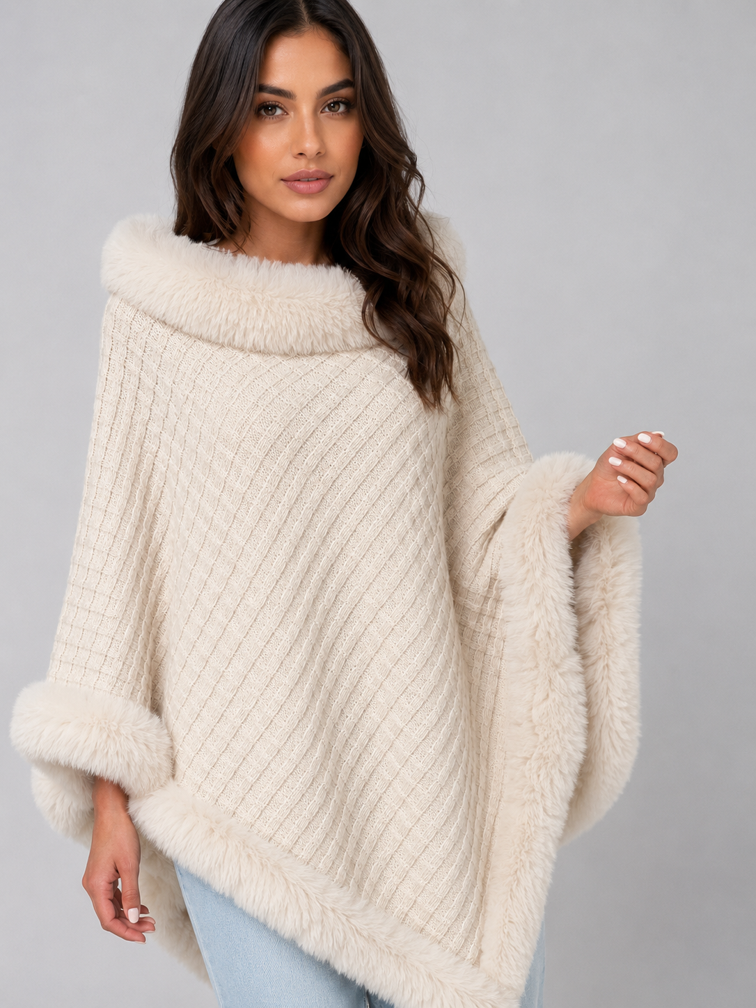 Kacob | Women's Knitted Faux Fur Trim Cape Poncho