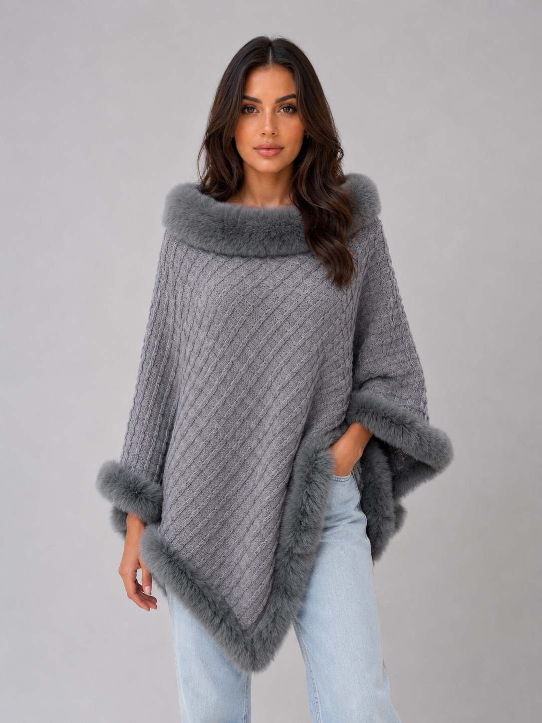 Kacob | Women's Knitted Faux Fur Trim Cape Poncho