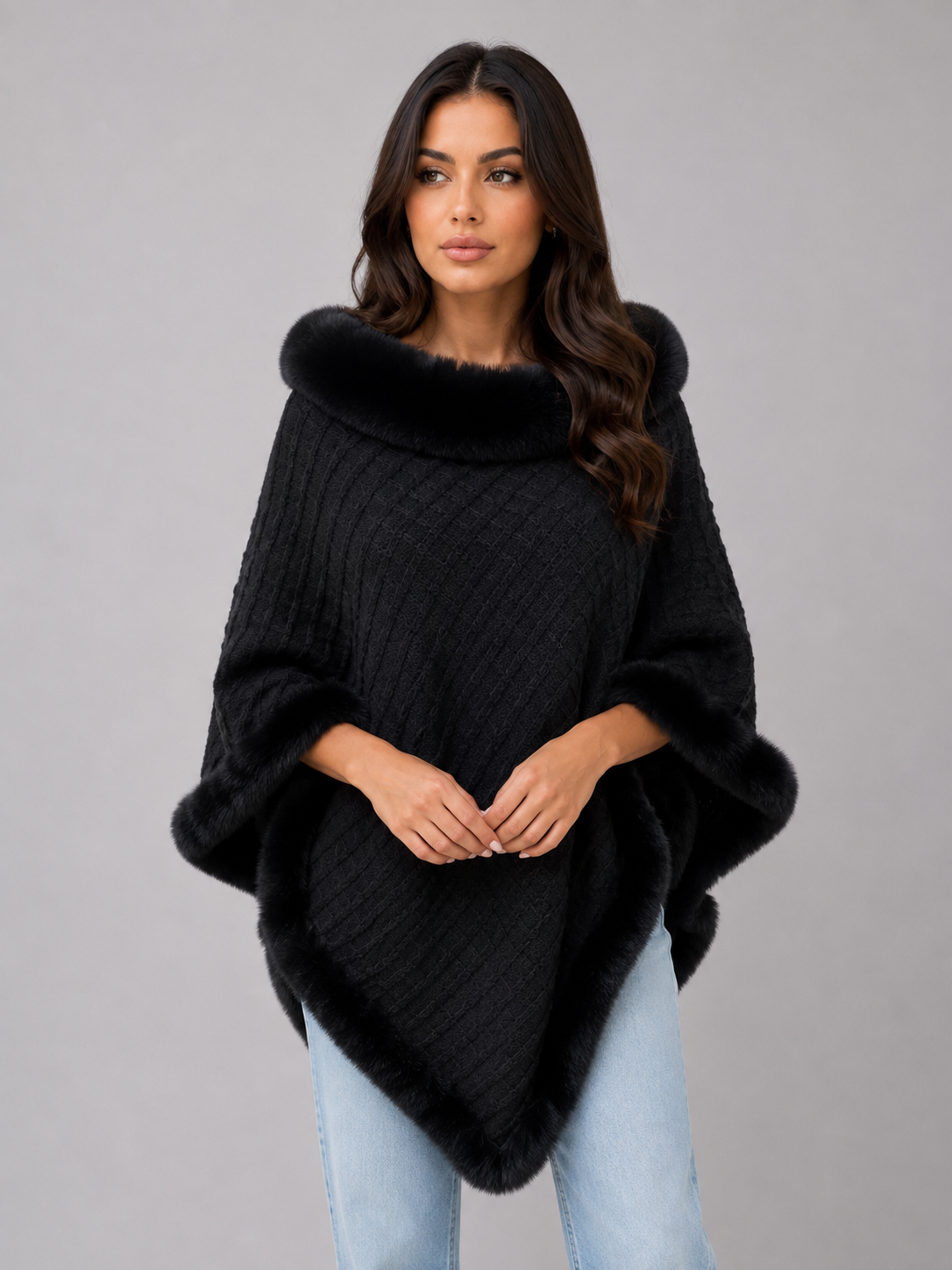 Kacob | Women's Knitted Faux Fur Trim Cape Poncho