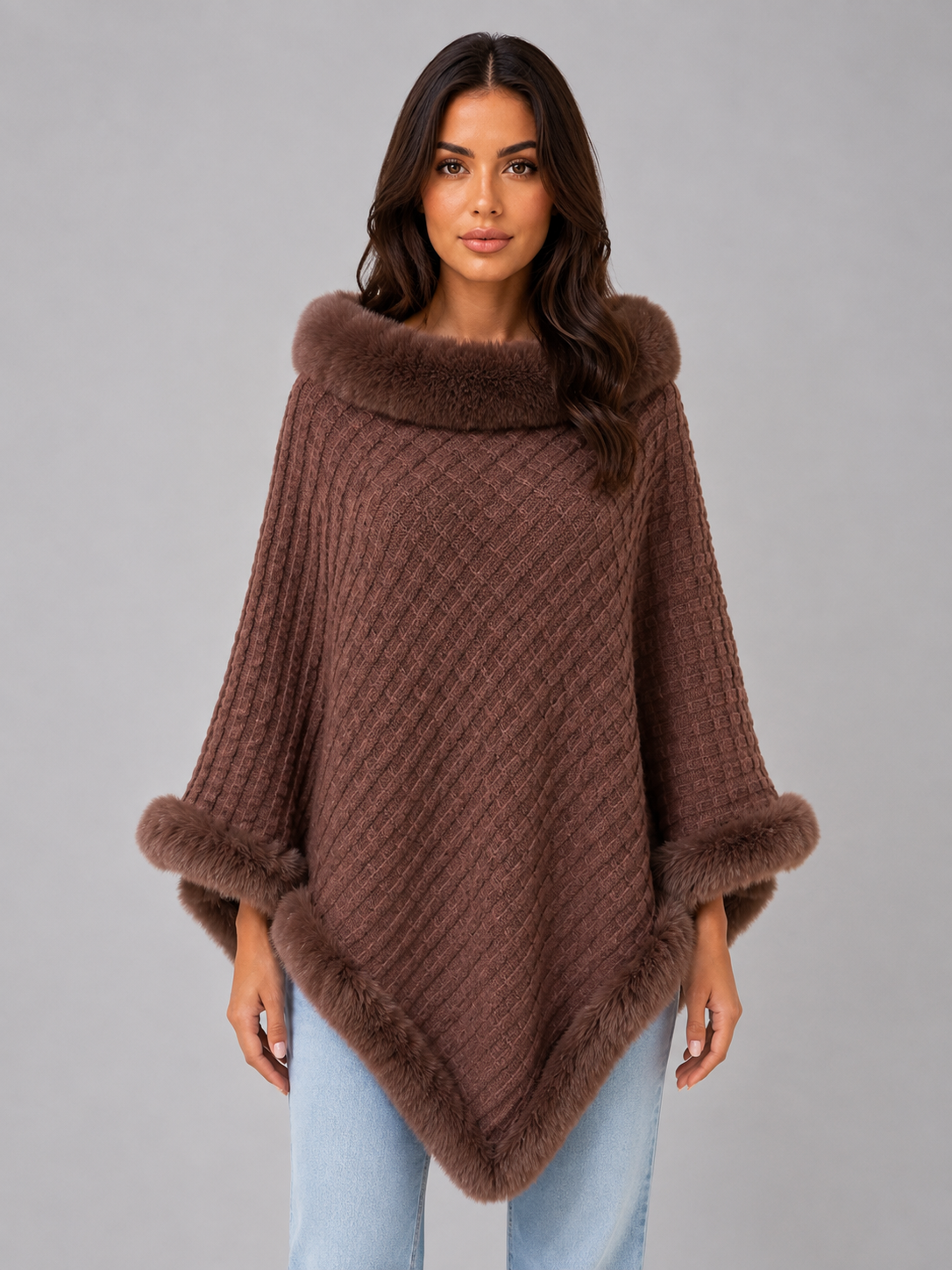 Kacob | Women's Knitted Faux Fur Trim Cape Poncho