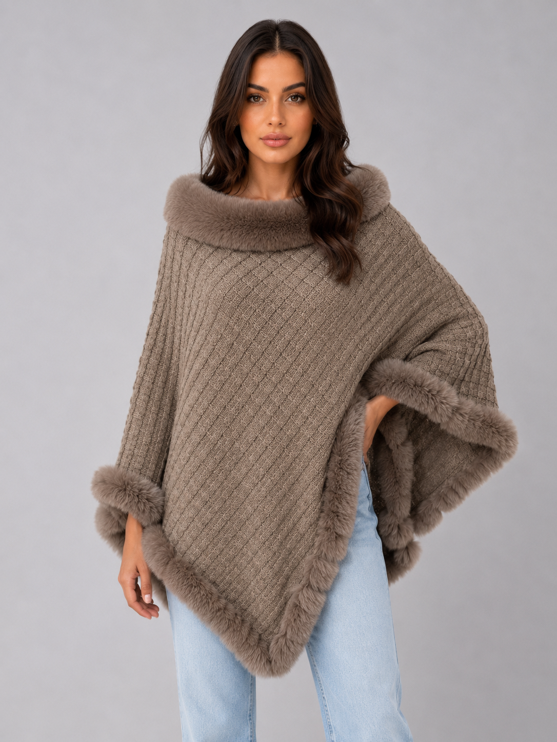 Kacob | Women's Knitted Faux Fur Trim Cape Poncho