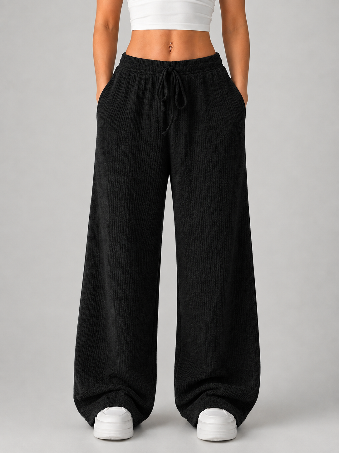 Kacob | Women's Knitted High Waist Drawstring Wide Leg Trousers