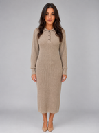 Kacob | Women's Knitted Polo Button Neck Jumper Midi Dress