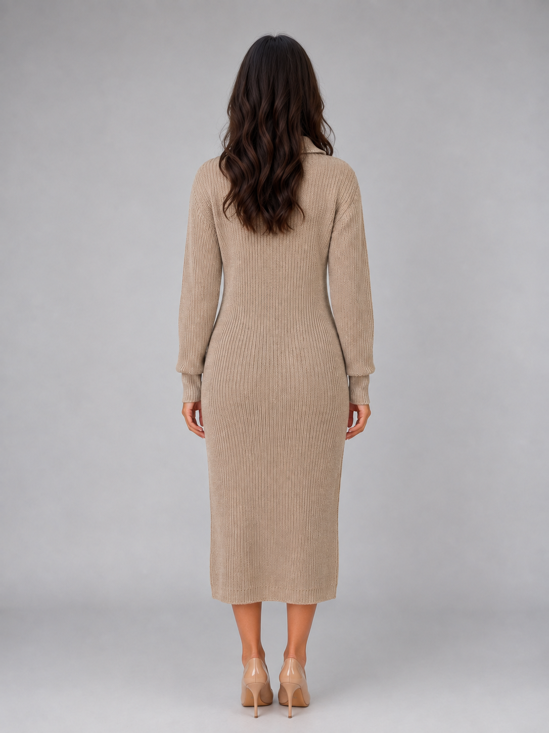 Kacob | Women's Knitted Polo Button Neck Jumper Midi Dress
