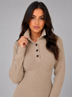 Kacob | Women's Knitted Polo Button Neck Jumper Midi Dress
