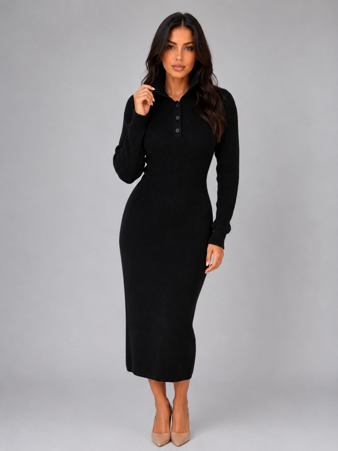Kacob | Women's Knitted Polo Button Neck Jumper Midi Dress