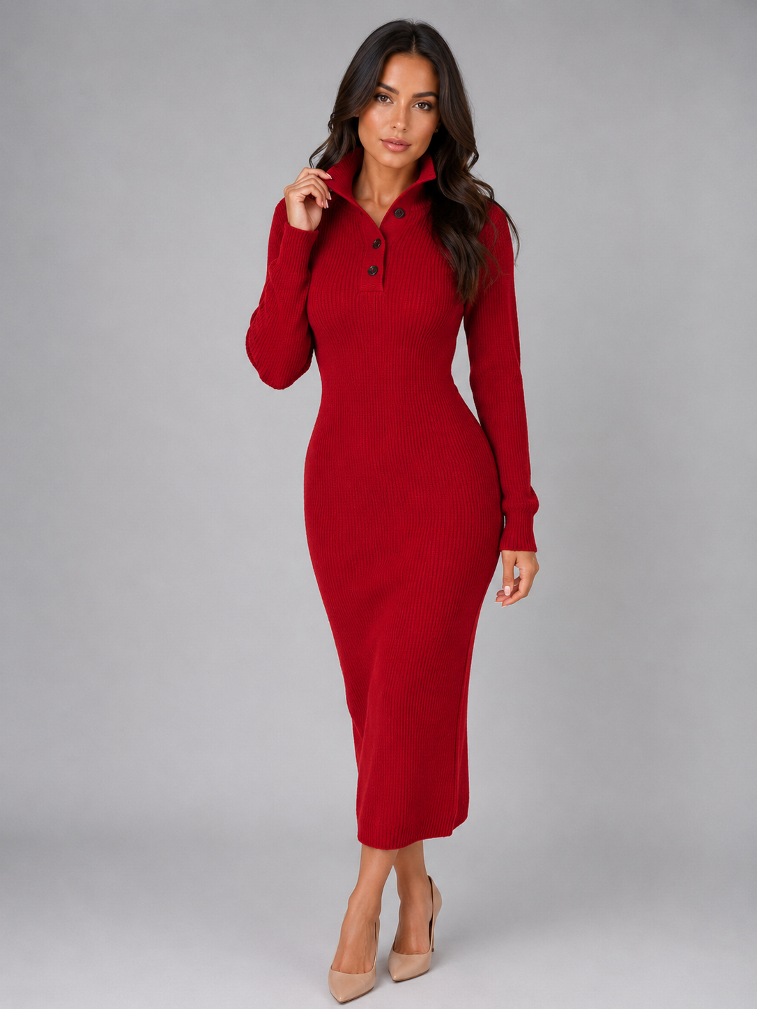 Kacob | Women's Knitted Polo Button Neck Jumper Midi Dress
