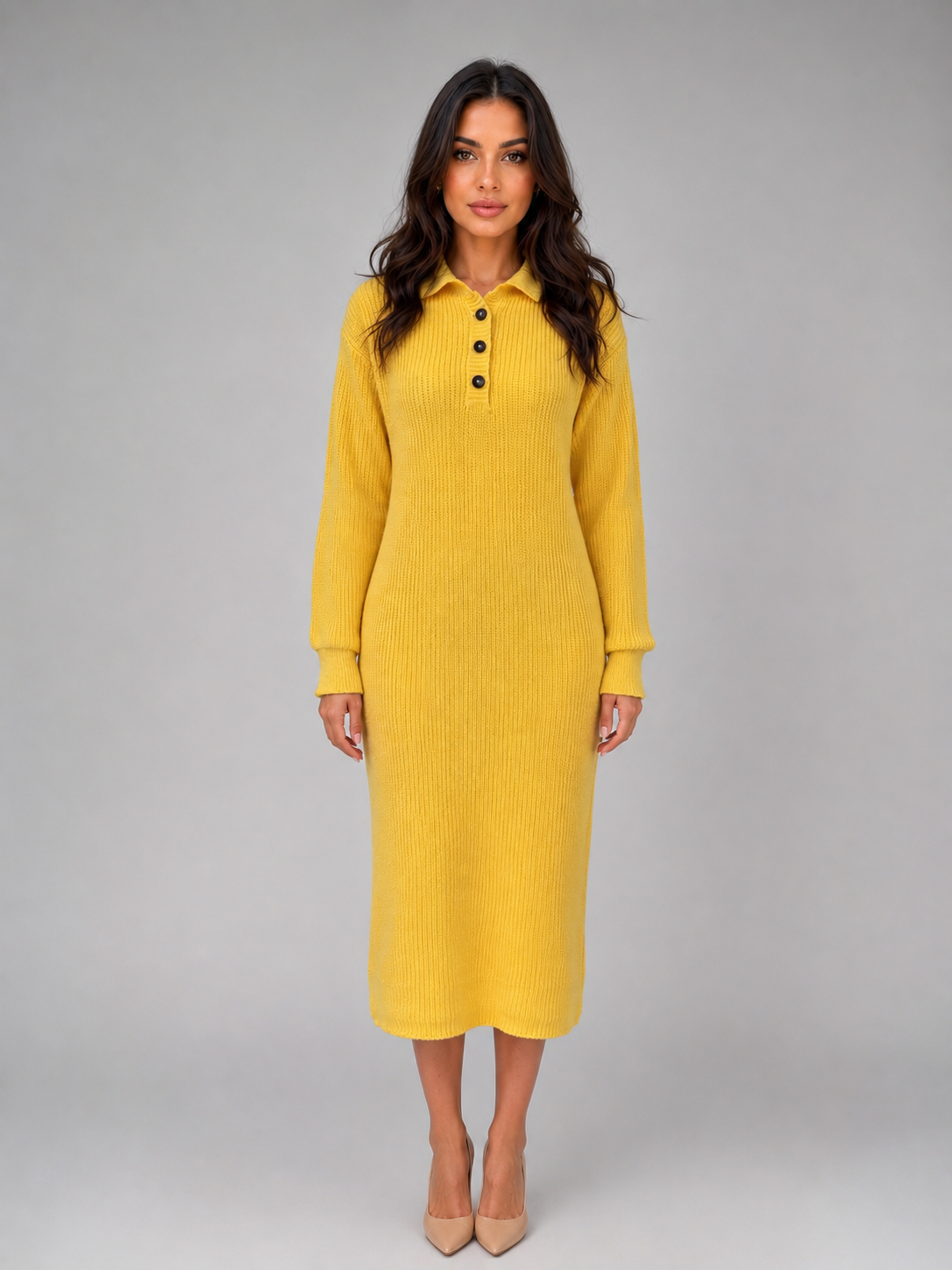 Kacob | Women's Knitted Polo Button Neck Jumper Midi Dress