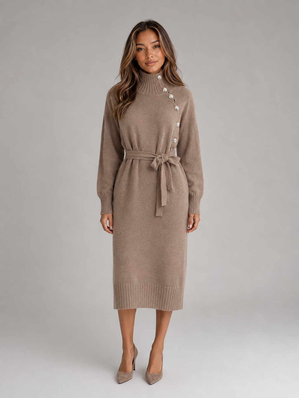 Kacob | Women's Knitted Roll Neck Belted Midi Jumper Dress