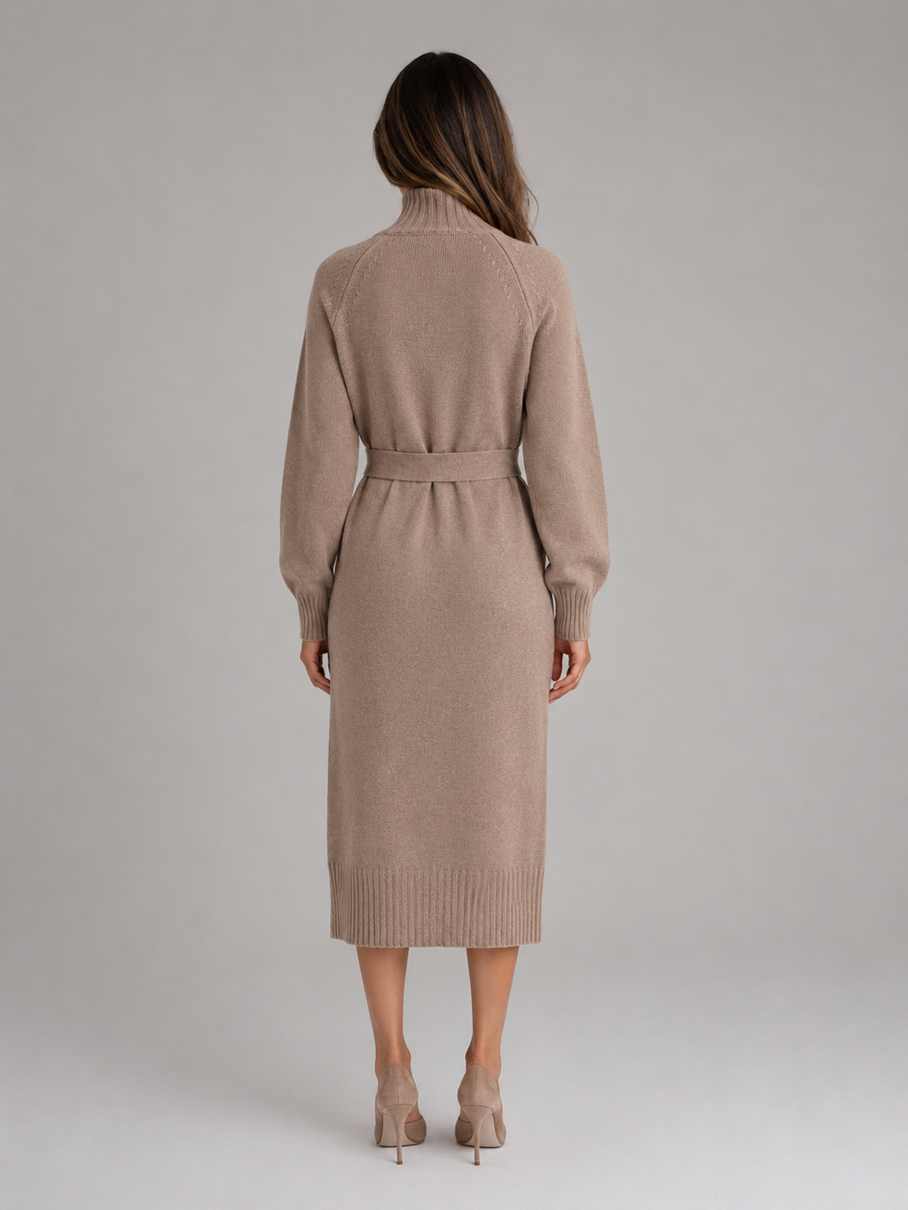 Kacob | Women's Knitted Roll Neck Belted Midi Jumper Dress