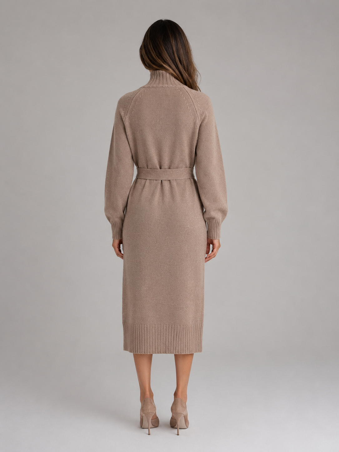 Kacob | Women's Knitted Roll Neck Belted Midi Jumper Dress