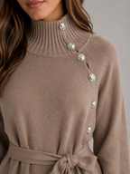 Kacob | Women's Knitted Roll Neck Belted Midi Jumper Dress