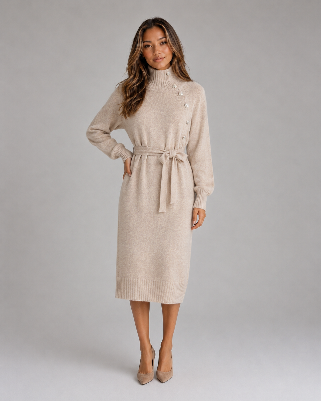 Kacob | Women's Knitted Roll Neck Belted Midi Jumper Dress