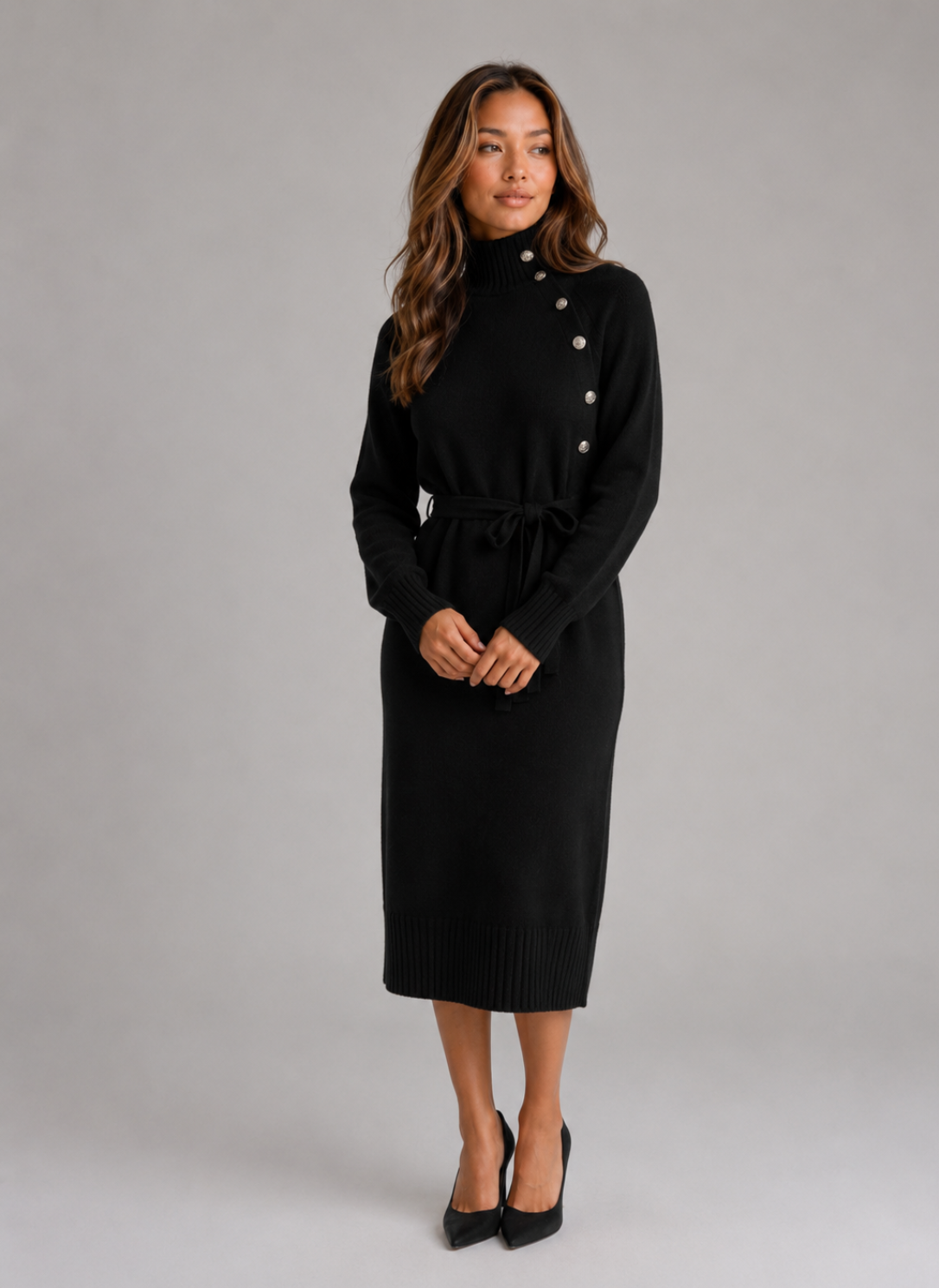 Kacob | Women's Knitted Roll Neck Belted Midi Jumper Dress