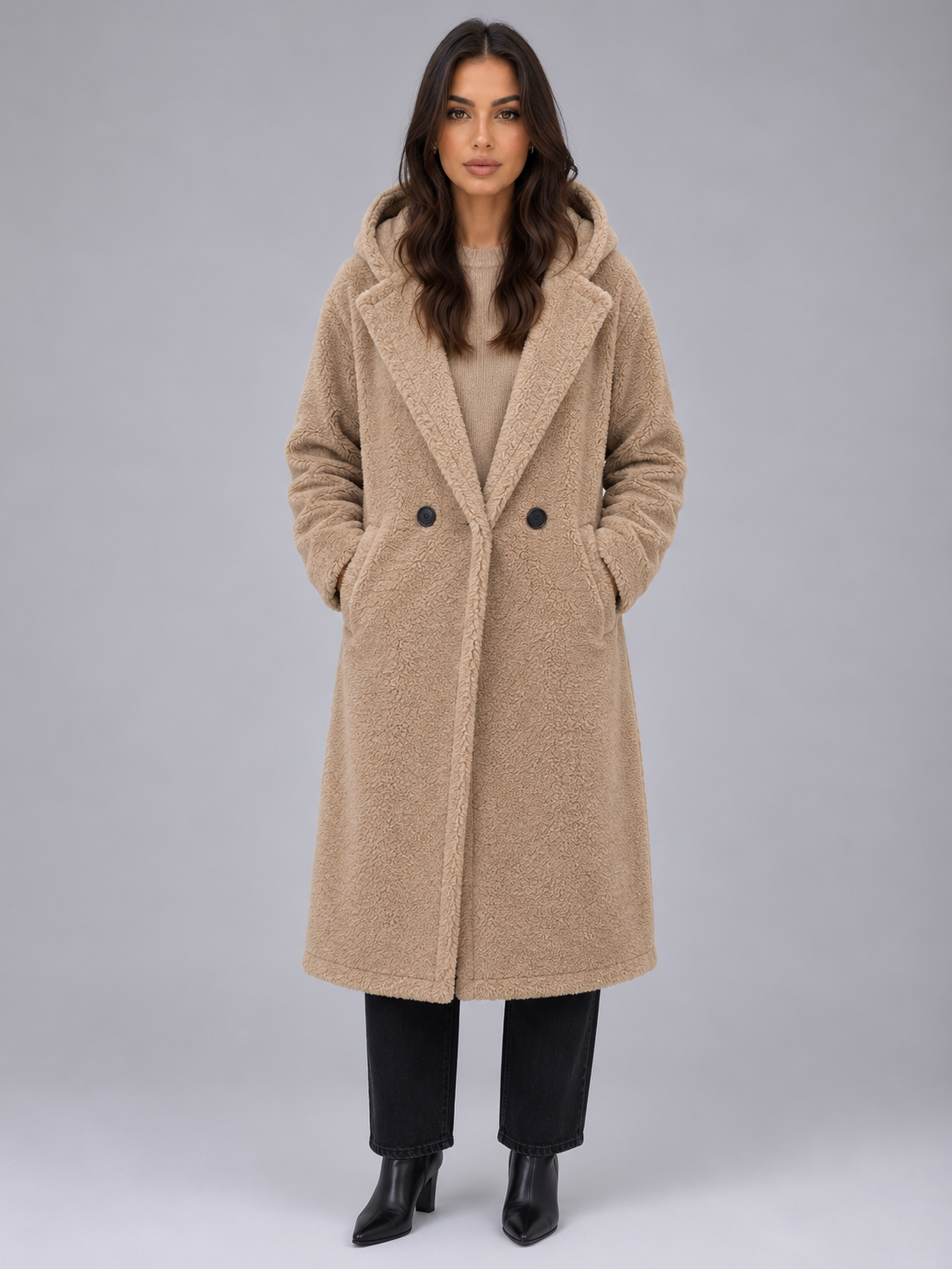 Kacob | Women's Long Hooded Oversized Teddy Coat